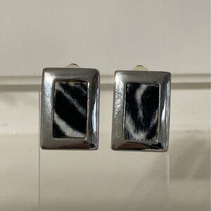 Vintage Silver Tone Rectangular Zebra Pony Hair Inlay Clip On Earrings
